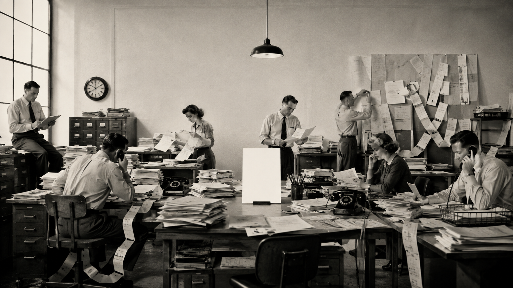 An archival photograph of a busy office with a blank canvas standing on an easel in the middle of the room